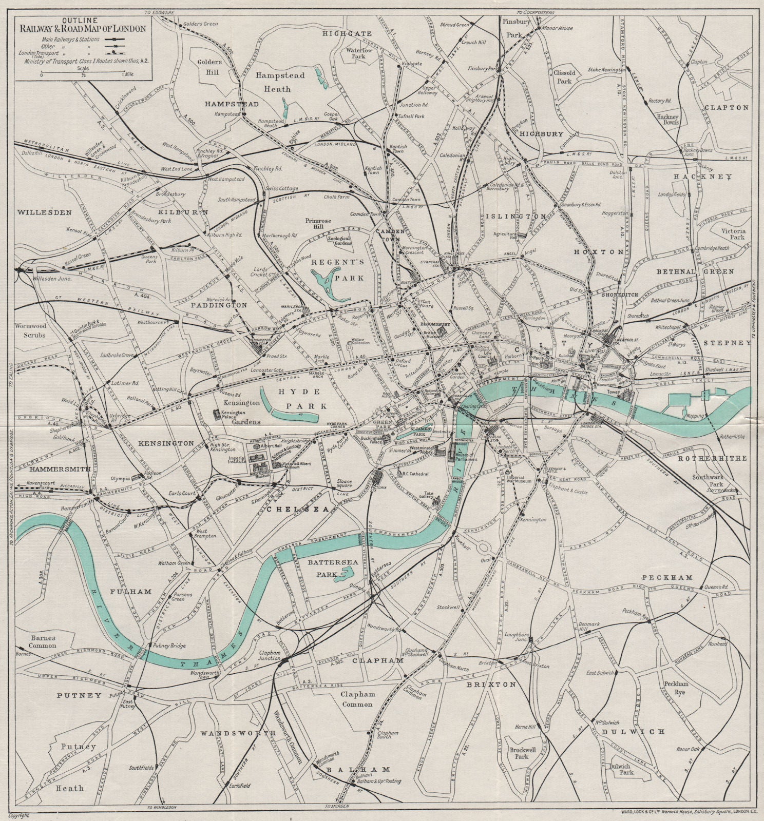 CENTRAL LONDON RAILWAY & ROAD MAP. Underground tube. WARD LOCK 1937 old